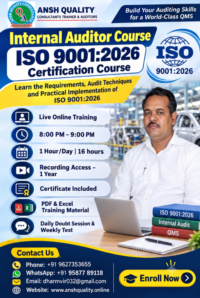 Professional promotional poster for the ISO 9001:2026 Internal Auditor Certification Course by ANSH Quality Consultants Trainer & Auditors, featuring live online training, 16 hours of classes, 8 PM to 9 PM schedule, one-year recording access, certificate, PDF and Excel training materials, daily doubt sessions, weekly tests, and contact details