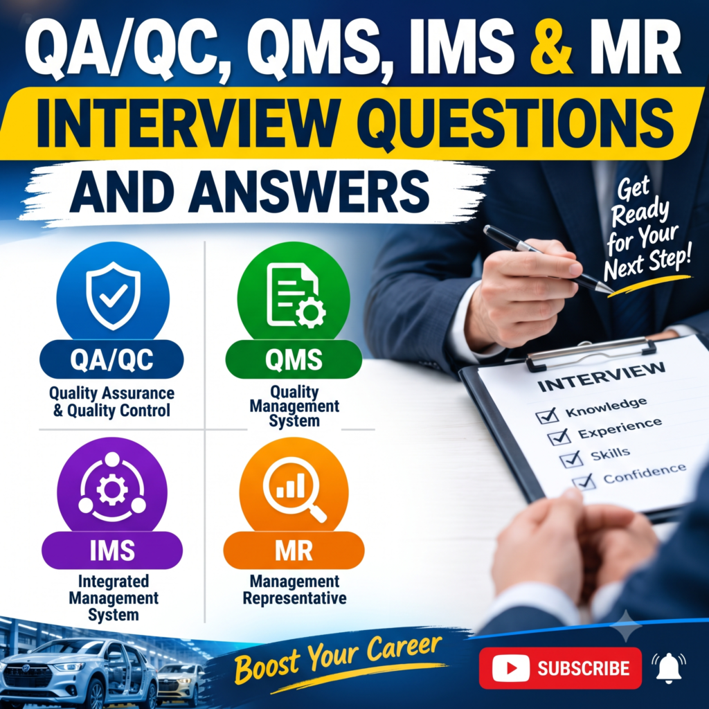 QA/QC, QMS, IMS, and MR interview questions and answers guide graphic featuring quality management icons, an interviewer holding a checklist, and a car manufacturing assembly line.